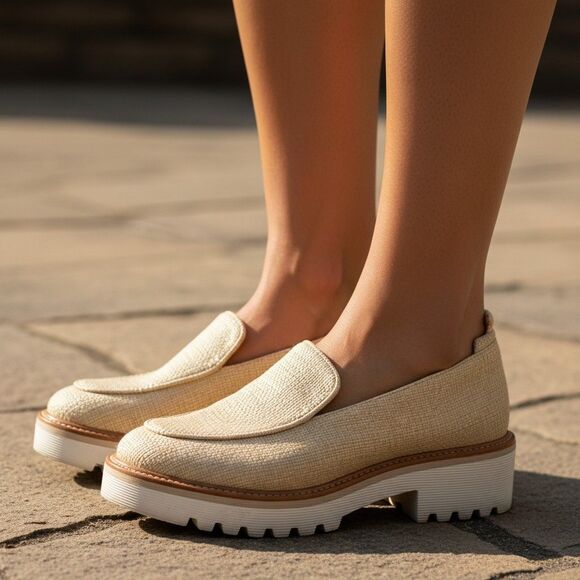 M. Gemi Shoes - M. Gemi Womens 38/8 The Eva Woven Raffia Platform Loafers Beige Tan Lug Sole